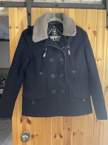 Superdry navy label pea coat - label,